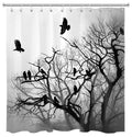 Misty Forest Shower Curtain Set 72x78 Inch Waterproof Polyester Bathroom Decor with Hooks - Black Grey Foggy Woods Birds on Tree Raven Halloween