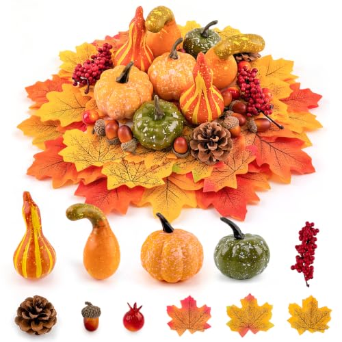 Artificial Fall Pumpkin Decor Set with Leaves, Acorns & Berries - 57pcs