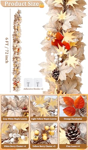 Fall Maple Leaves Garland with Timer Lights - 6FT Thanksgiving Decor
