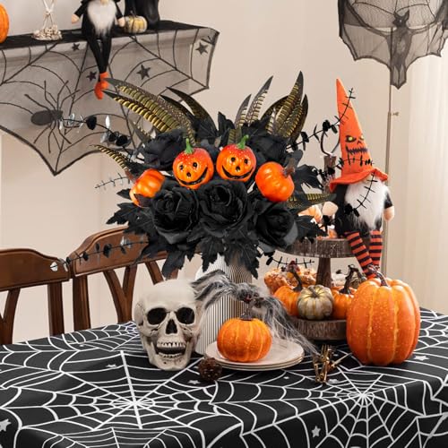 Halloween Artificial Flower Stems - 14pcs Black Halloween Decor for Vase, Table, Room, Indoor Party - Black