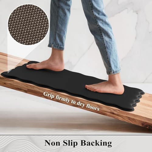 KIMODE Anti-Fatigue Kitchen Mats Set - Black Wavy 17.3x47 & 17.3x29 Inches