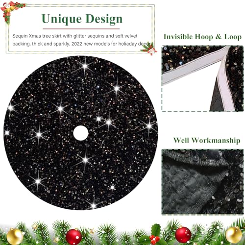 Black Sequin Christmas Tree Skirt 36 Inch Velvet Holiday Decor for Indoor & Outdoor