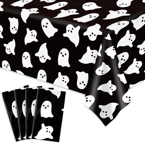 Black and White Ghost Halloween Plastic Tablecloths 54 x 108 Inches - 4 Pack