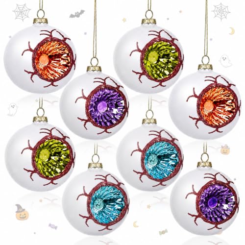 Halloween Glass Eyeball Ornaments Set of 8 - Reflector & Glitter Accents