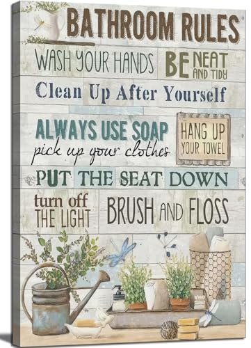 Bathroom Rules Wall Art - Canvas Wall Decor 24x16 Inches - Farmhouse Bathroom Slogan