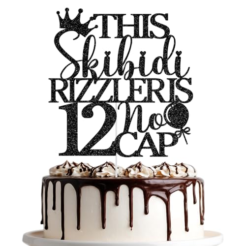 12 No Cap Cake Topper - Black Glitter Birthday Decoration, Variation of 12