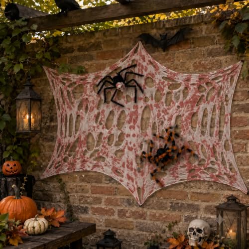 Outdoor Halloween Spider Web Decor Kit with Giant Spiders - Scary Haunted Scene