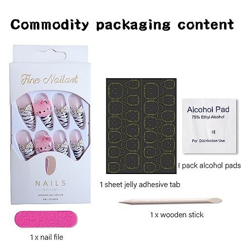 Leopard Print Press On Nails with Charms - Long Coffin Fake Nails for Women, 24 Pack