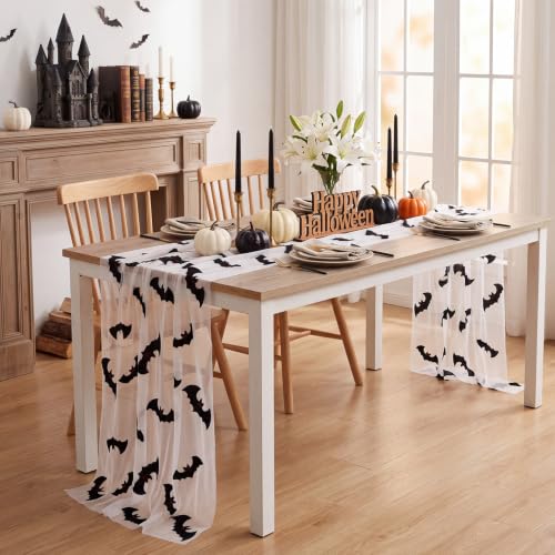 Halloween Bat Table Runner 3 Pack 10ft Gauze Table Decor for Parties - Black & White, Bat Variation
