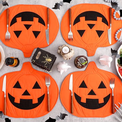 Halloween Pumpkin Placemat Set - Smile Variation, 4 Pcs Jack O Lantern Table Mats