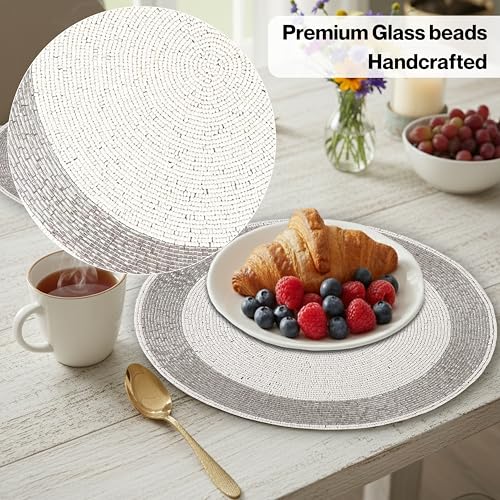 Alpha Living Home Silver White Beaded Round Placemats Set of 4 - 13 Inch Table Decor