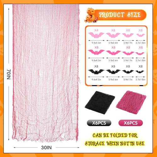 Pink Black Creepy Gauze Decor Spider Web Set with Bats for Halloween - 12 Pieces (Variation of THIS listing)
