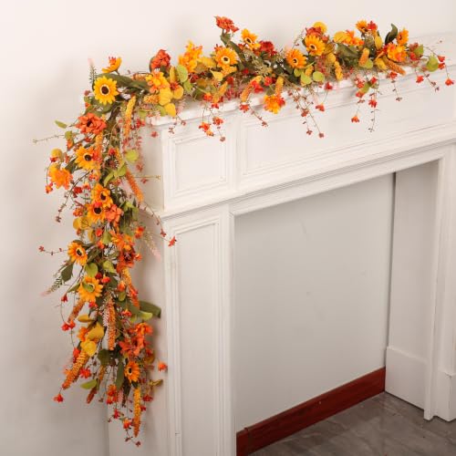 Yellow 2-Pack 6Ft Fall Garland for Mantel Decoration Sunflower Leaf & Berries