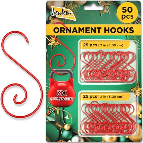 Red 50 Pcs Christmas Ornament Hooks – S-Shaped Holiday Tree Hangers