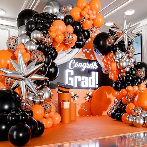 All-in-One Orange and Black Balloon Arch Kit with Garland & Starburst Balloons for Graduation, Halloween, Birthday Decor