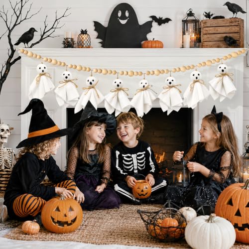 Halloween Ghost Garland with Wooden Beads - Pre-Assembled Indoor Decor 4.5Ft