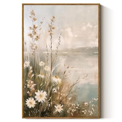 Wildflowers Lakescape Canvas Wall Art - Framed Landscape Decor, 24x16 Inches - Variation of Wildflowers Lakescape / 24L x 16W