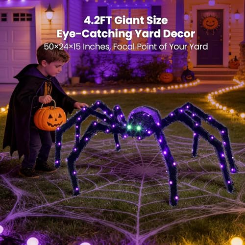 4.2FT Giant Spider Halloween Outdoor Decoration with 90 LED Lights and Ground Stakes