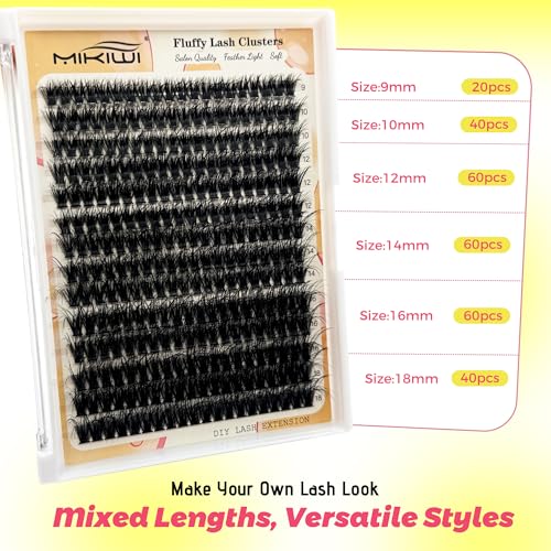 MIKIWI Fluffy 60D Lash Clusters D Curl Mixed 9-18mm Wispy Volume Eyelashes
