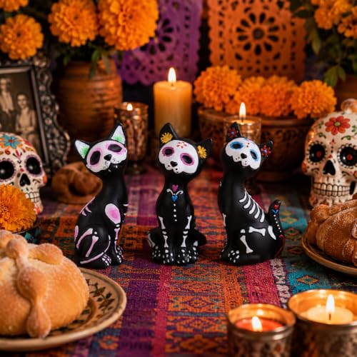 Day of the Dead Skeleton Cat Figurines Set - Halloween Decor, Resin Gothic Statues