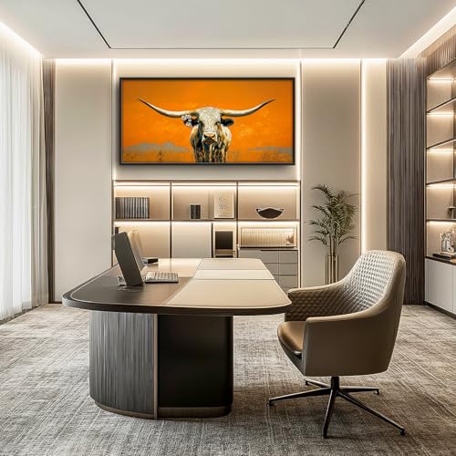 Western Longhorn Steer Wall Art - Framed Canvas Painting for Living Room & Bedroom - 60L x 30W