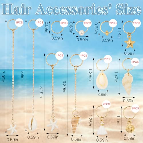 Gold Seashell Conch Starfish Hair Charm Ring Set for Braiding & Dreadlocks - Long Variation