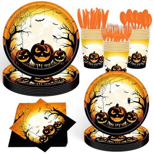 Halloween Party Supplies Disposable Pumpkin Plates Napkins Dinnerware Set for 20 Guests