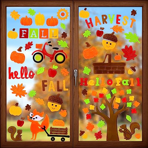 Fall Gel Window Clings Stickers - 6 Sheets Maple Leaf Pumpkin Fox Decor