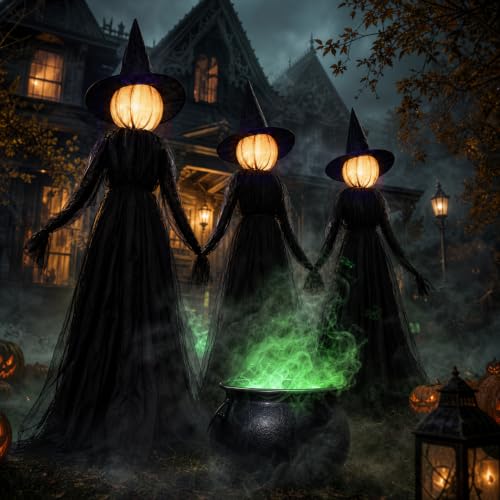 Hourleey Halloween Witch Stakes Outdoor Decorations - Lighted 5FT Set of 3 with 8 Light Modes