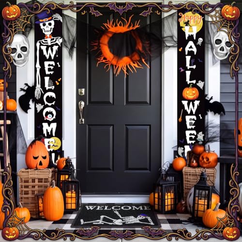 Halloween Welcome Doormat Set with Skeleton Banners and Rug - Fall Porch Decor
