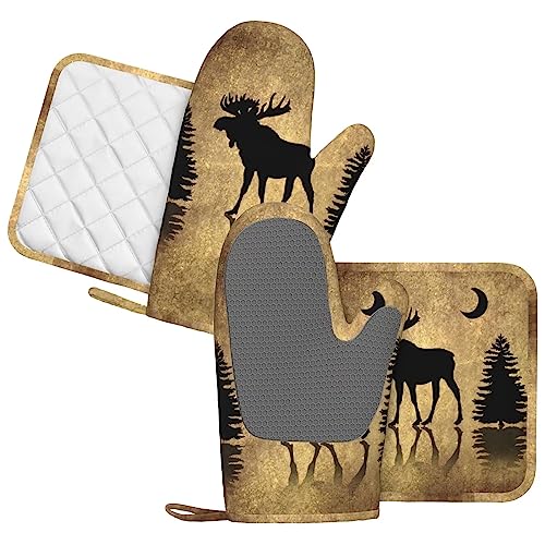 Vintage Moose Rustic Oven Mitts and Pot Holders Set - Heat Resistant Silicone Kitchen Gloves - 4 Pieces