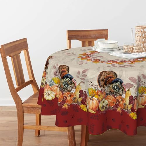 Horaldaily Thanksgiving Tablecloth 90x90 Inch Round - Turkey & Pumpkin Red