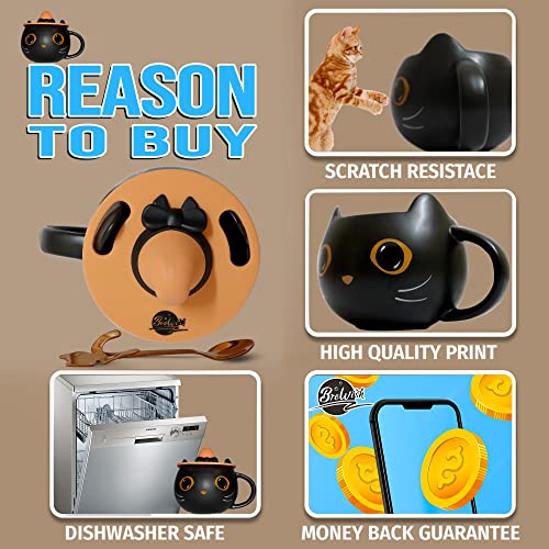 Brewish Cat Mug with Witch Hat Lid & Spoon - 12oz Black Ceramic Coffee & Tea Cup - Cat Lover Gift