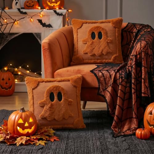 Halloween Ghost Caramel Throw Pillow Covers 18x18 Inch Set of 2 - Spooky Plush Faux Fur Decor