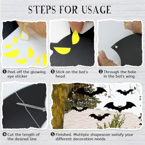 Halloween Hanging Bat Decorations Set with Glowing Eyes - Outdoor Waterproof Plastic Bats, 18 Pieces