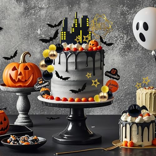 Halloween Bat Cake Toppers Set - Glitter Bats, Stars & Ball Picks for Birthday & Party Decorations