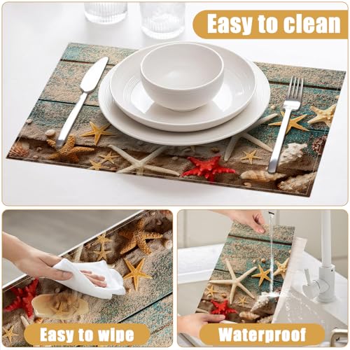 Beach Starfish Placemats Set of 6 - Nautical Linen Table Mats for Kitchen & Dining