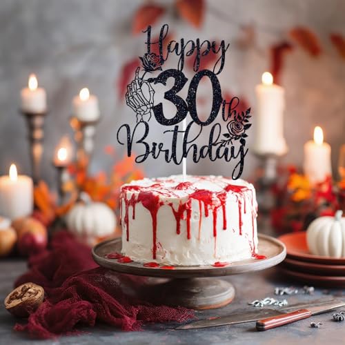 Gothic 30th Birthday Cake Topper Skeleton Hand Rose Glitter Decor