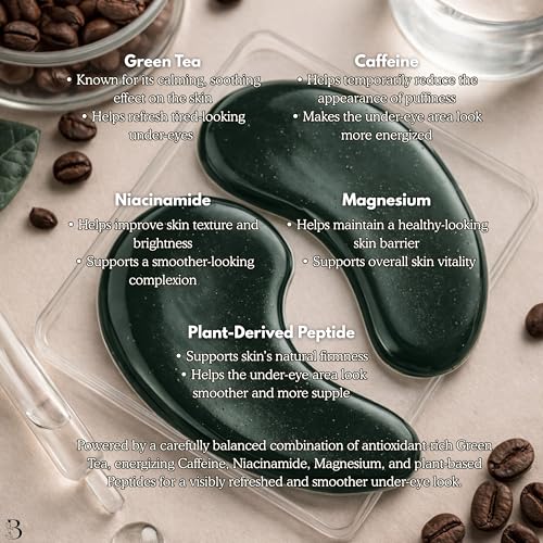 Bumfuzz Green Tea Under-Eye Patches (12 Pairs) | Depuff & Brighten Eye Gel Patches for Dark Circles & Tired Eyes | Plant-Based, Vegan with Caffeine, Niacinamide, Magnesium & Vegetable Peptides