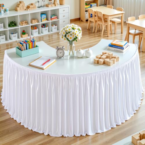 14ft White Satin Table Skirt for Rectangular Tables - Wrinkle-Free Party Decor with Glitter Ruffle - Variation: White / 168x30 Inches