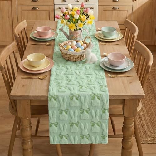 Sage Green Faux Fur Bunny Bow Table Runner 13x72 Inch Easter Spring Decor