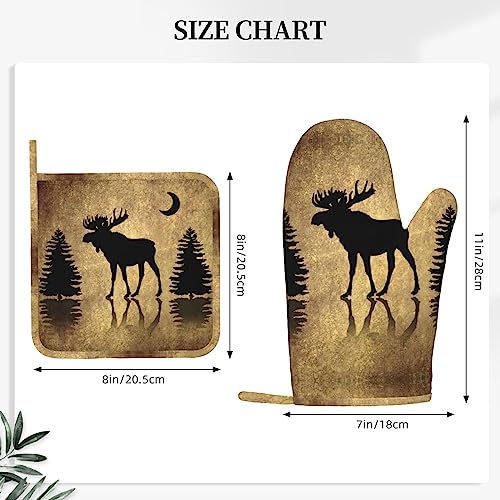Vintage Moose Rustic Oven Mitts and Pot Holders Set - Heat Resistant Silicone Kitchen Gloves - 4 Pieces