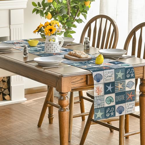 13x90 Inch Summer Checkered Conch Shell & Starfish Table Runner - Blue