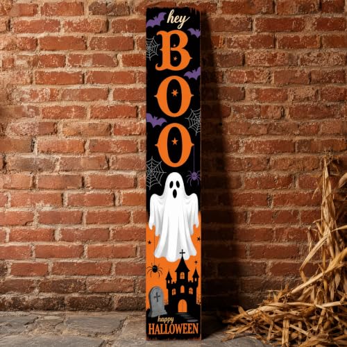 Hey Boo Halloween Porch Sign - Rustic Wooden Welcome Decoration with Ghosts & Tombstones - 47.2 Inch Vertical Farmhouse Style Halloween Sign - Variation: Hey Boo-2026