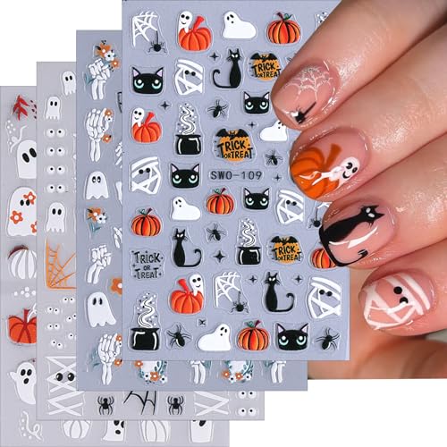 Halloween Nail Stickers Set with Ghost Face & Pumpkin – Cat Pumpkin Variation