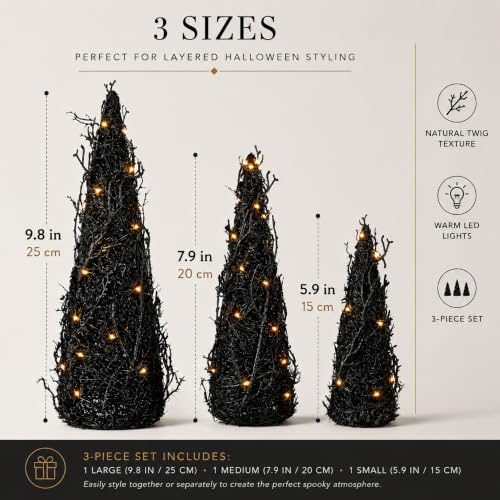 Halloween Tinsel Cone Trees with LED Lights Set of 3 - Black Autumn Decor