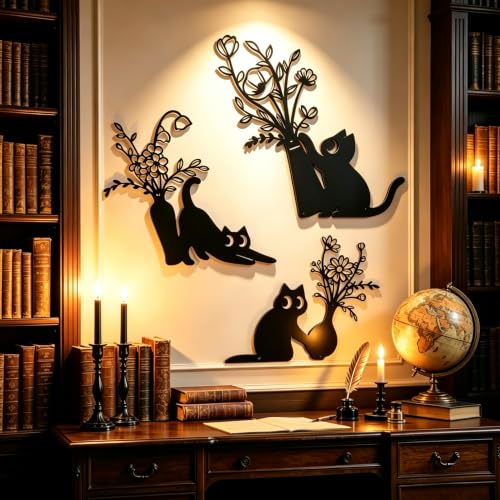 3-Piece Halloween Black Cat Wall Art Decor - Spooky Farmhouse Wall Hanging