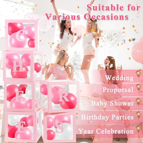 Pink Transparent Balloon Boxes with 78 Letters and Numbers - Set of 6 for Party Decorations