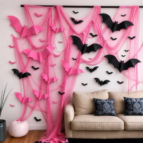 Pink Halloween Gauze Backdrop with 3D Bat Decorations - 118 x 138 inches, 32 Pcs