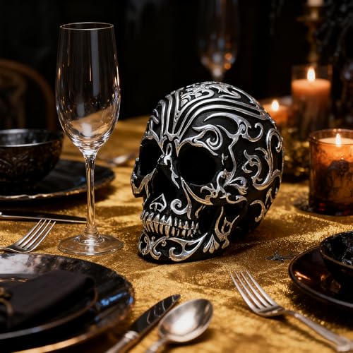 Gothic Skull Decor - 5.2 Inch Halloween Skeleton Head with Silver Patterns for Home & Office
